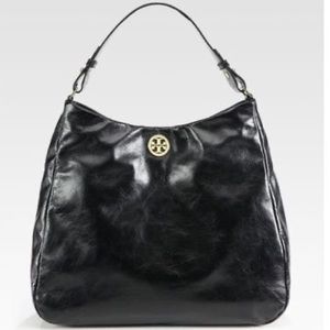 Tory Burch Dena Glazed Black Leather Hobo Bag